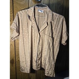 Shapely Button Up Shirt Womens Tan Black Strips Top Casual Size 14 90s 80s USA